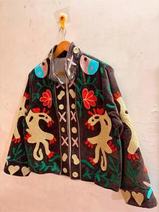 Premium Brown <b>Velvet</b> Embroidered Suzani <b>Jacket</b> with Floral & Ying Yang Pattern Full Sleeve Stand Collar Boho Soft Winter Outwear - Product Image 2