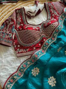 Premium Collection Fancy Satin Silk with Sequence work Butta All-Over & Multi-Thread Border <b>Saree</b>-<b>Readymade</b> <b>Blouse</b> Woman Fashion - Product Image 5