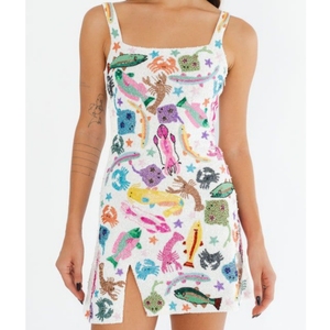 Vestido Blanco sin Mangas con Bordado de Cuentas Hecho a Mano, Estampado de Animales Acuáticos, Ropa de Verano para Mujer, Vestido de Fiesta, Minifalda con Abertura Lateral - Product Image 1