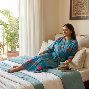 Kimono Floral de Algodón Turquesa |   Bata de casa de manga larga con cuello en V para mujer |   Bata Larga con Bolsillo Delantero de Alta Calidad, Diseño Exquisito - Product Image 5