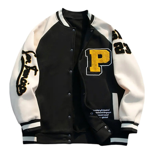 Trendy Streetwear Black & White Contrast With Letter Embroidery & Patch Snap Closure Multiple Pockets College Baseball <b>Jackets</b> - Product Image 1