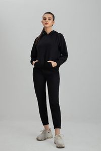 100% Cotton Custom Women Black Hoodie Jogger <b>Set</b> Casual Fleece Two Piece Sweatsuit OEM Supplier Manufacture - Product Image 5