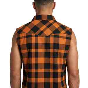 Camisa de Franela a Cuadros para Hombre, Corte Holgado, 100% Algodón, Ligera, Sin Mangas, Color Naranja y Negro, Cuello Camisero, Transpirable - Product Image 2