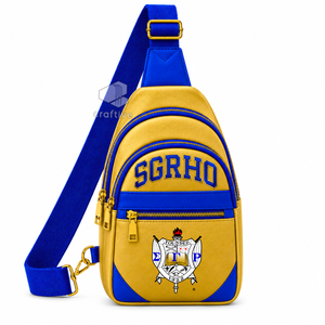 Bolso Bandolera de Piel Sintética con Bloques de Color Dorado y Azul de la Hermandad Sigma Gamma Rho, Correa Ajustable, Multicompartimentos - Product Image 1