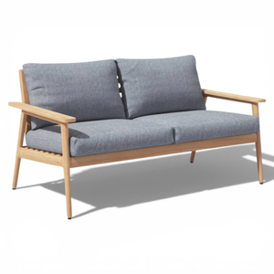 Canapé d'extérieur avec structure en teck et coussins en tissu gris, résistant aux intempéries, mobilier de jardin - Product Image 3