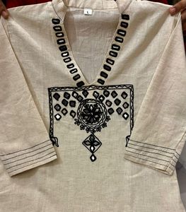 Premium <b>Ladies</b> Cotton Look Embroidered Kurti Pant Set Beige Straight <b>Kurta</b> Co Ord Set Wholesale - Product Image 3