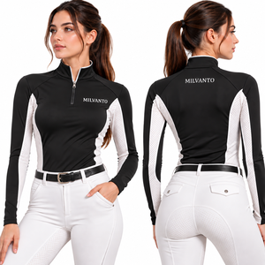 Camisa de equitación negra personalizada para mujer, con cremallera de un cuarto, manga larga, para competición, transpirable y de alto rendimiento. - Product Image 1