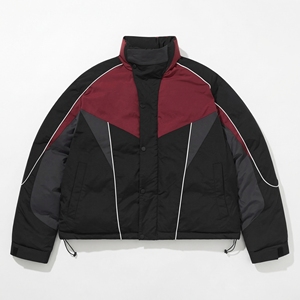 Black Maroon <b>Grey</b> Color Block Puffer <b>Jacket</b> | Stand Collar Snap Bomber | Oversized Streetwear Coat | Custom OEM Manufacturer - Product Image 1