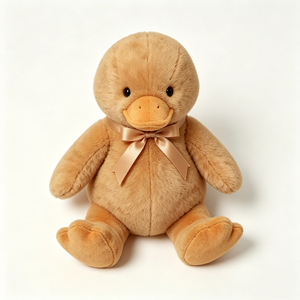 Peluche de Pato Marrón Suave - Pato de Peluche Acogedor Color Bronceado con Lazo de Satén Dorado Rosado, Clásico Peluche de Pato Neutral para Niños - Product Image 4