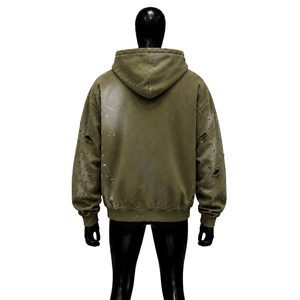 Sudadera con capucha oversize para hombre Olive Zip-Up, estilo streetwear, de algodón French Terry, con diseño de estampado roto y efecto spray, para otoño, uso diario. - Product Image 2