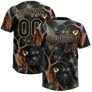 Venta al por mayor directa de la industria: Jersey de softbol unisex con patrón 3D de tigre y pavo real en negro y oro antiguo, dos botones, el más vendido y personalizable. - Product Image 1