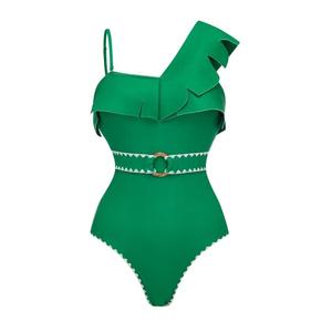 Ensemble de maillot de bain vert asymétrique 2 pièces pour femme, avec jupe florale et volants, en tissu extensible, collection 2026 - Product Image 2