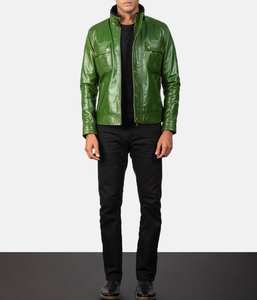 Vestes en cuir de vachette pour hommes, couleur vert foncé personnalisable, col montant, poches sur le devant, style boutonné en cuir véritable, vestes d'hiver - Product Image 2