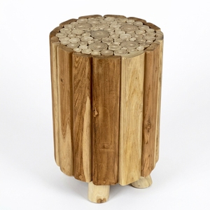 New Modern Minimalist Skena Fill Wooden <b>Stool</b> Natural Solid Teak Branch Mosaic Top Round Side Accent <b>Table</b> Living Room Patio - Product Image 1
