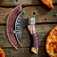 A&M Enterprises Couteau à pizza industriel de haute qualité, fait main, motif Arbre de Vie Yggdrasil, lame gravée de runes, manche en bois recouvert de cuir
