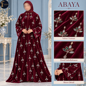 Tela de Terciopelo Color Borgoña Rubí con Adornos Florales de Cuentas y Joyas |   Motivos de Hojas Multicolores Dispersos para Prendas Textiles Elegantes como Abayas - Product Image 5