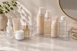 Clear <b>Plastic</b> Rectangle Storage <b>Tray</b> for Bathroom Vanity Cosmetic Organizer Single Tier Minimalist Design Easy To Clean - Product Image 3