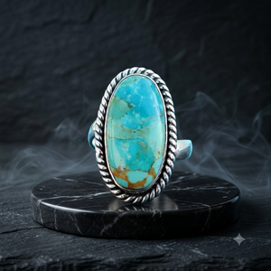 Bague ovale en turquoise, argent sterling 925, sertissage clos, style ethnique - Product Image 1