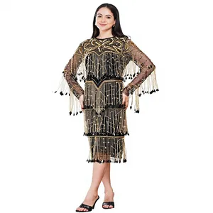 Vintage Beaded Tassel Tea-Length Gown O-Neck Full Sleeve Sheath <b>Dress</b> Organza Geometric Pattern Knee-Length Evening <b>Dress</b> - Product Image 4