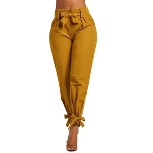 High Waist Olive Green Satin <b>Harem</b> Pants With Bow Ties At Waist And Ankles Casual Ankle-Length Women's <b>Trousers</b> - Product Image 3