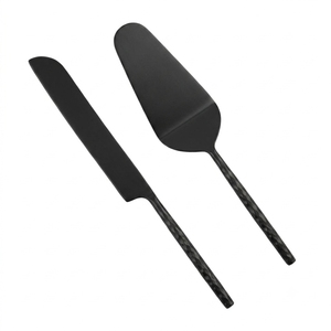 Ensemble de couteau et spatule à gâteau de mariage en acier inoxydable avec manche martelé argenté, couverts à dessert modernes - Product Image 3