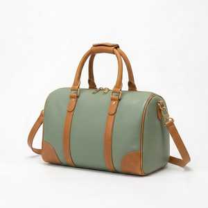 Women's Sage Green Mini Speedy Duffel <b>Bag</b> Leather Boston Handbag With <b>Tan</b> Brown Trim Top Handles Adjustable Shoulder Strap - Product Image 2