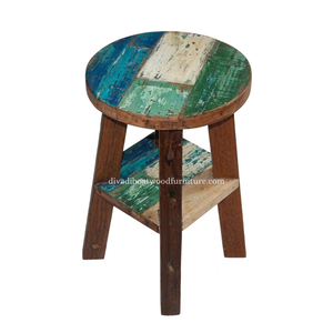 Sustainable Reclaimed Boat Wood Round Top <b>Stool</b> Leg with Square Wood Design Eco-Friendly Indoor Outdoor Bali Wood Furniture - Product Image 5