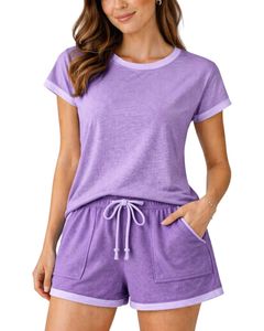Conjunto de Salón para Mujer Lavender, Morado con Ribete en Contraste, Manga Corta, Informal, de Verano, Dos Piezas, Suave y Transpirable, Mezcla de Algodón - Product Image 1