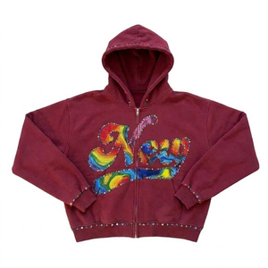 Sweat-shirts à capuche en molleton imprimé numérique, écologiques, avec strass, à faible MOQ, prix de gros abordable, pour hommes, avec fermeture éclair et strass - Product Image 1