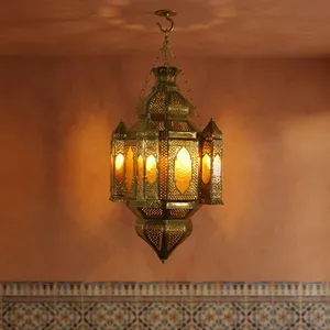 Vintage Iron and Glass Hanging Lantern with Ornate <b>Moroccan</b> Design Decorative Pendant <b>Lighting</b> for Home Garden Patio Interiors - Product Image 1