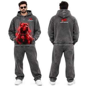 Survêtement gris à capuche pour homme Long Mission, 100 % coton respirant, manches longues, motif chien uni, streetwear, tenue décontractée d'hiver - Product Image 2