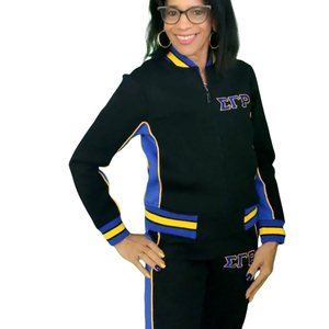 Veste d'échauffement SGRho Black Air Tech Fleece bleu roi avec bordure dorée, fermeture éclair intégrale, veste d'entraînement athlétique, vêtements de sport pour sororité et université - Product Image 3