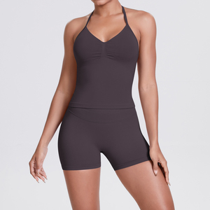 Conjunto Deportivo de Dos Piezas de Alta Calidad: Top Deportivo y Pantalones Cortos a Cuadros de Cintura Media, Kit de Yoga, Cintura Elástica, Secado Rápido y Transpirable - Product Image 6