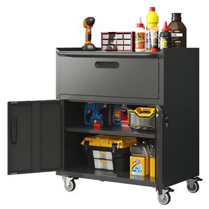 Durable 1-Drawer 2-Locking-Door Metal <b>Tool</b> Cabinet Sturdy Mobile Heavy Duty <b>Storage</b> with Wheels for Garage - Product Image 6