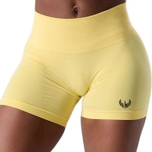 <b>Womens</b> Pastel Yellow High Waist Seamless Gymwear <b>Shorts</b> Stretch <b>Compression</b> Workout Fitness Training Yoga Activewear Performance - Product Image 3