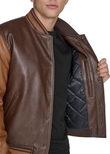 Men's <b>Brown</b> <b>Leather</b> Bomber <b>Jacket</b> Solid Color Button Closure Regular Fit Autumn Wear Casual Style Turn-down Collar - Product Image 5