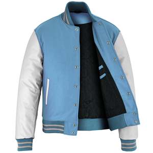 Blouson universitaire bleu clair pour homme avec manches en PU blanc, style décontracté, col rabattable, fermeture éclair, coupe classique, idéal pour le printemps - Product Image 2