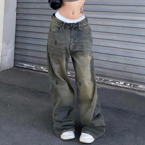 Low Rise Baggy Denim <b>Jeans</b> Women Casual Breathable Loose Wide Leg Color Block Contrast Letter Print Summer - Product Image 3