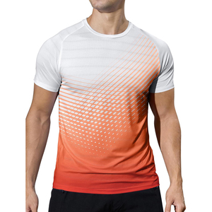Camiseta de Punto de Manga Corta con Cuello Redondo para Hombre, Diseño Geométrico, Color Degradado, Secado Rápido, Corte Ajustado, Estilo Deportivo, Blanco Naranja, Gimnasio - Product Image 1