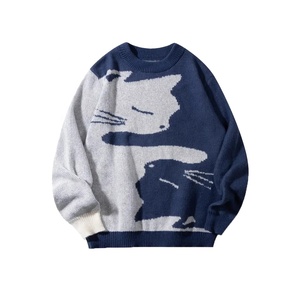 Pull en tricot pour homme, motif chat de dessin animé, manches longues, vêtements d'hiver, bleu gris, tricoté, style américain, style urbain, USA - Product Image 1
