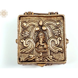 Petite boîte sculptée Ganesha en laiton de 3 pouces fabriquée à la main en Inde beau panier en métal - Product Image 3
