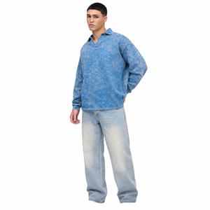 Oversized Tie-<b>Dye</b> Knitted Pullover Long Sleeve Casual Sweatshirt Turn-Down Collar <b>Blue</b> Cotton Spring Wear - Product Image 1
