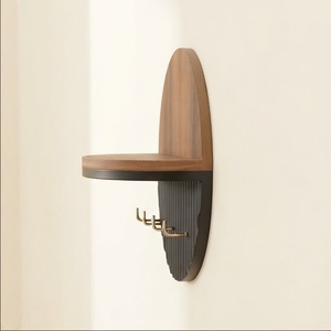 Circular Acacia Wood Resin <b>Wall</b> <b>Shelf</b> Black Ribbed Base Hooks Minimalist Design Hanging Storage Birthday Gift Handmade - Product Image 4