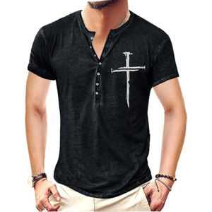 Top Sell New Men's Henley Shirts Retro Short Sleeve V Neck Casual Button <b>Down</b> Slim Fit Breathable 100% Cotton T-Shirts - Product Image 1