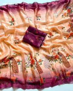 Good Price Support Fancy <b>Satin</b> with Digital Flower & Traditional Motif Print & Swarovski work Saree-<b>Blouse</b> Wholesale Supply - Product Image 6