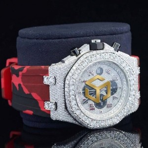 Reloj de Cuarzo Analógico Cronógrafo con Diamantes para Hombre, Estilo Hip Hop con Correa de Silicona Roja - Product Image 5