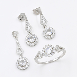 Ensemble de bijoux classiques en argent sterling 925 avec topaze blanche naturelle sertie griffe, collier, boucles d'oreilles et bague pour femme, ensemble de bijoux fins - Product Image 1