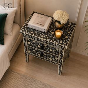 Bone Inlay Solid Wood Traditional Design Luxury Two-Drawer Nightstand with Floral Pattern for Bedroom - Product Image 3