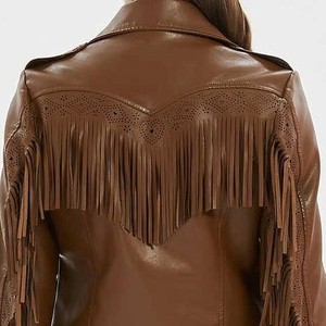 Brown Genuine <b>Leather</b> Fringed Motorcycle Jacket Turn-down Collar Full Sleeve <b>Short</b> Length Women's Autumn Style - Product Image 5