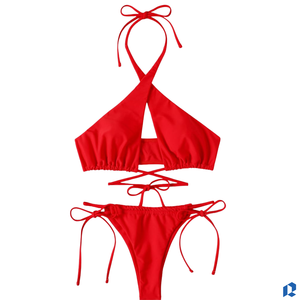 Conjunto de Bikini Rojo de 2 Piezas para Mujer, Traje de Baño Elegante, Ropa de Playa Transpirable, Sin Costuras, Logotipo Frontal Personalizable - Product Image 2